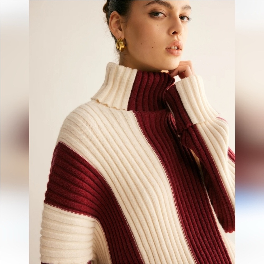 Commense Oversized Ribbed Turtleneck Sweater in Cream and Burgundy - Picture 1 of 10